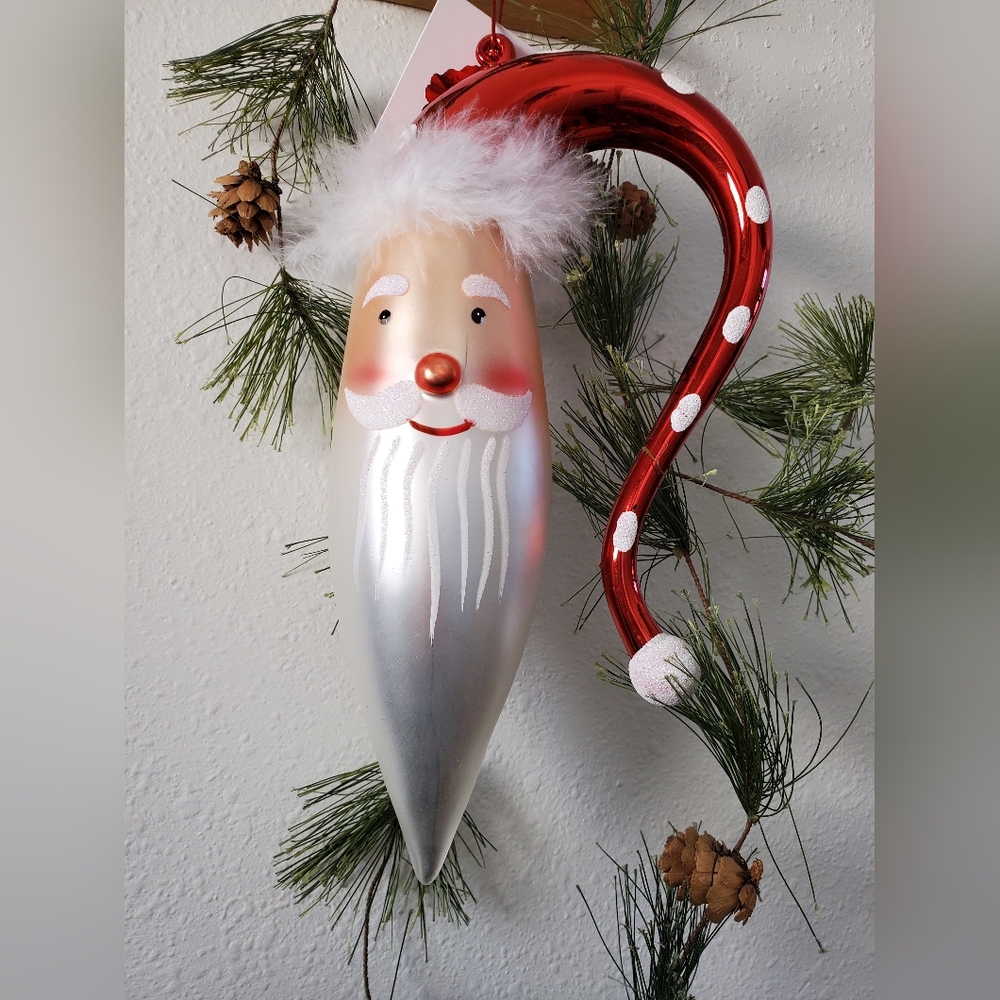 Vintage Large Blown Glass Santa Head Ornament Long Polka Dot Hat 12"